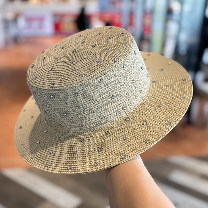 Sparkling Rhinestone Embellished Straw Sun Hat with Elegant Crystal Accents & Wide Brim