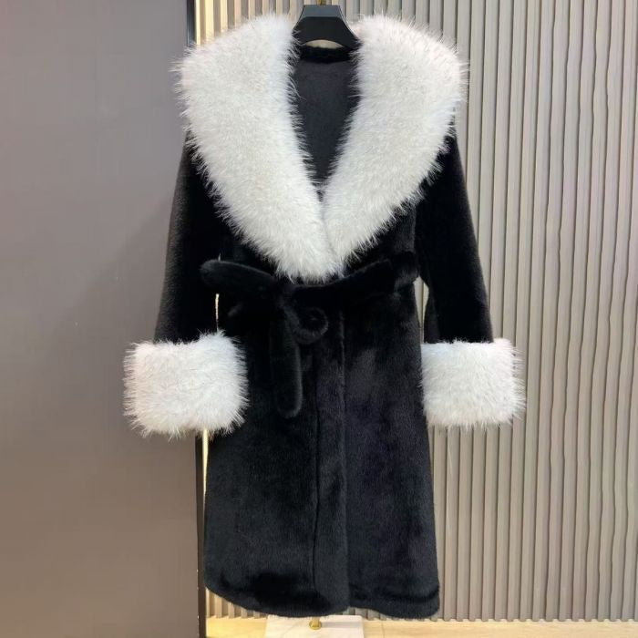Black Faux Fur Coat with White Oversized Collar
