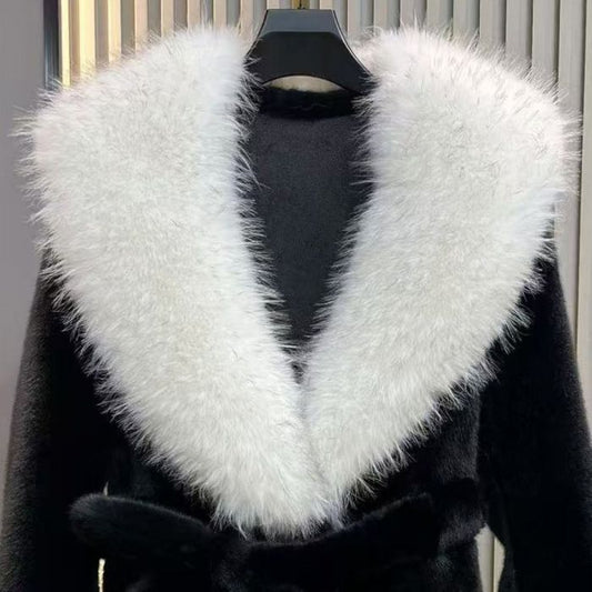 Black Faux Fur Coat with White Oversized Collar