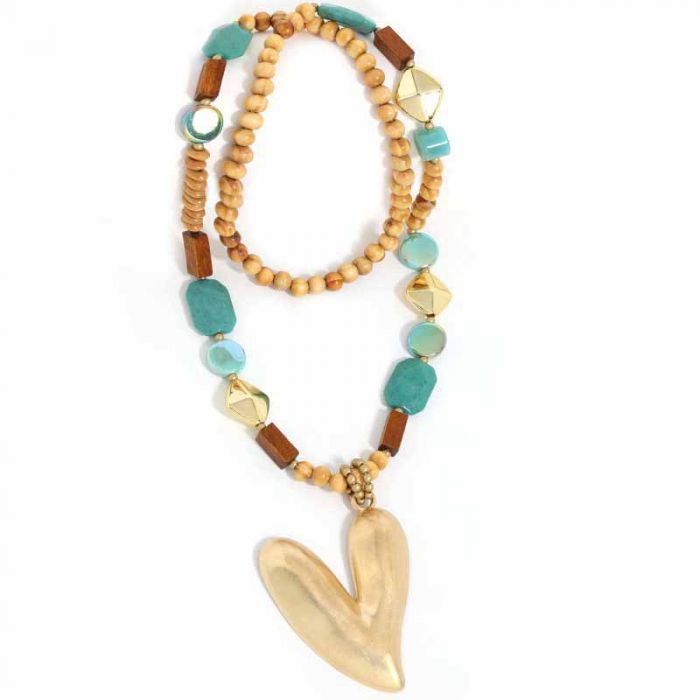 Chunky Turquoise & Wood Beaded Necklace