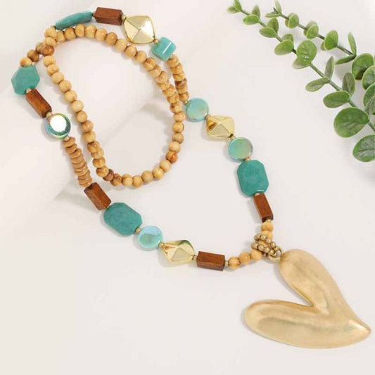 Chunky Turquoise & Wood Beaded Necklace