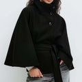 Structured Funnel Neck Belted Cape Jacket