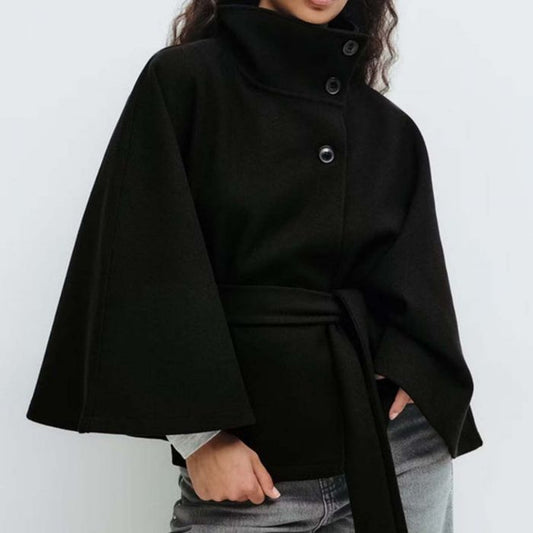 Structured Funnel Neck Belted Cape Jacket