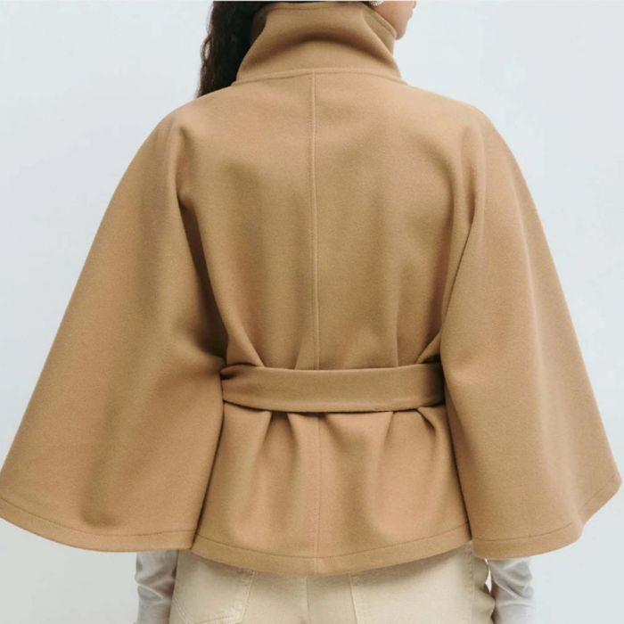 Structured Funnel Neck Belted Cape Jacket