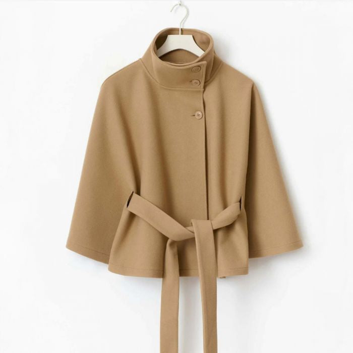 Structured Funnel Neck Belted Cape Jacket
