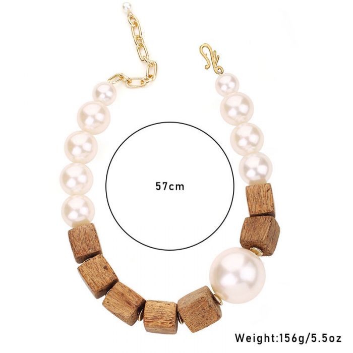 Chunky Faux Pearl & Wooden Bead Necklace