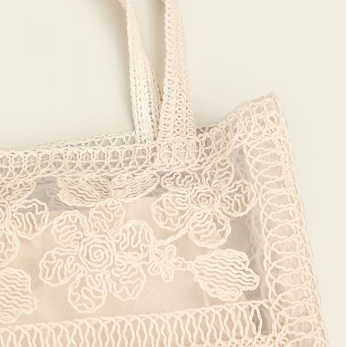 Cream Embroidered Lace Summer Floral Tote Bag