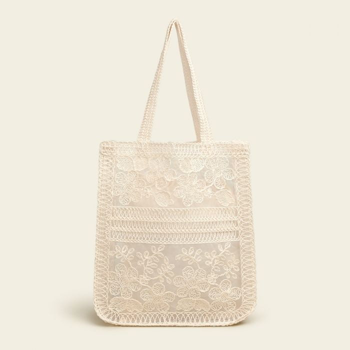 Cream Embroidered Lace Summer Floral Tote Bag