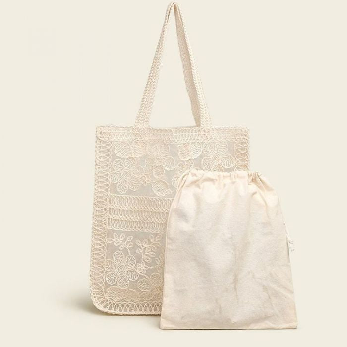 Cream Embroidered Lace Summer Floral Tote Bag