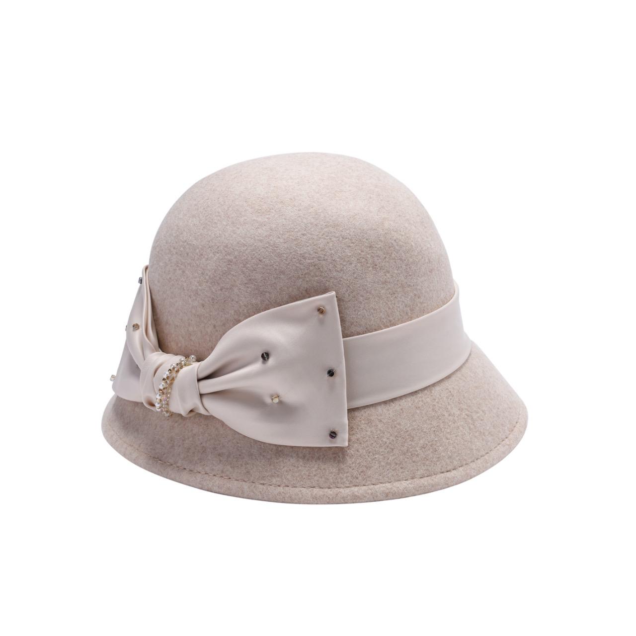 Ladies Wool Cloche Hat with Satin Bow & Rhinestone Accent