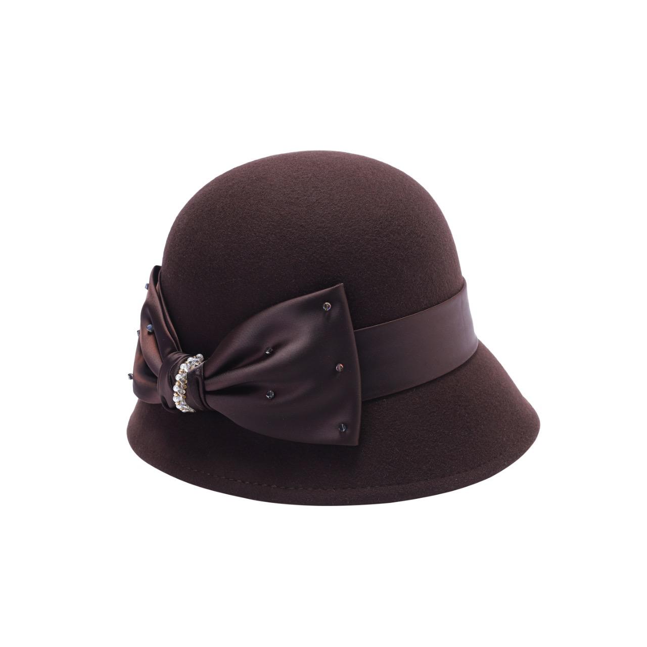 Ladies Wool Cloche Hat with Satin Bow & Rhinestone Accent