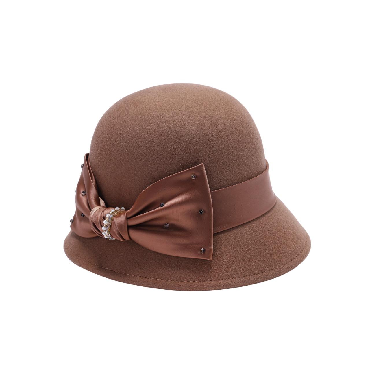 Ladies Wool Cloche Hat with Satin Bow & Rhinestone Accent