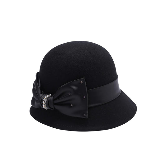 Ladies Wool Cloche Hat with Satin Bow & Rhinestone Accent