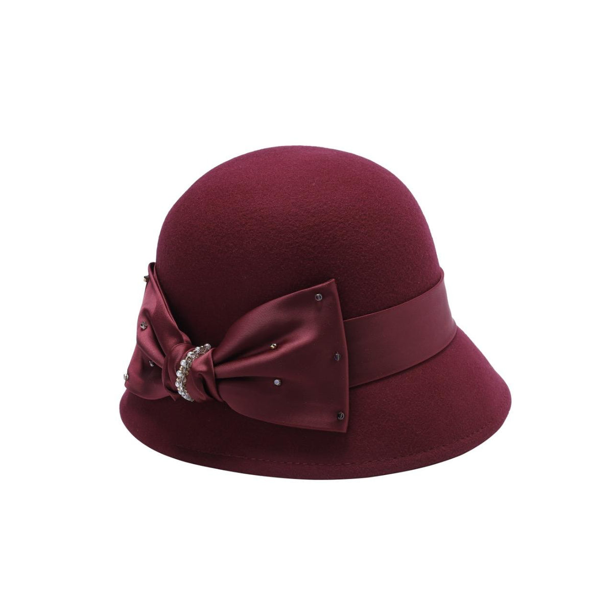 Ladies Wool Cloche Hat with Satin Bow & Rhinestone Accent