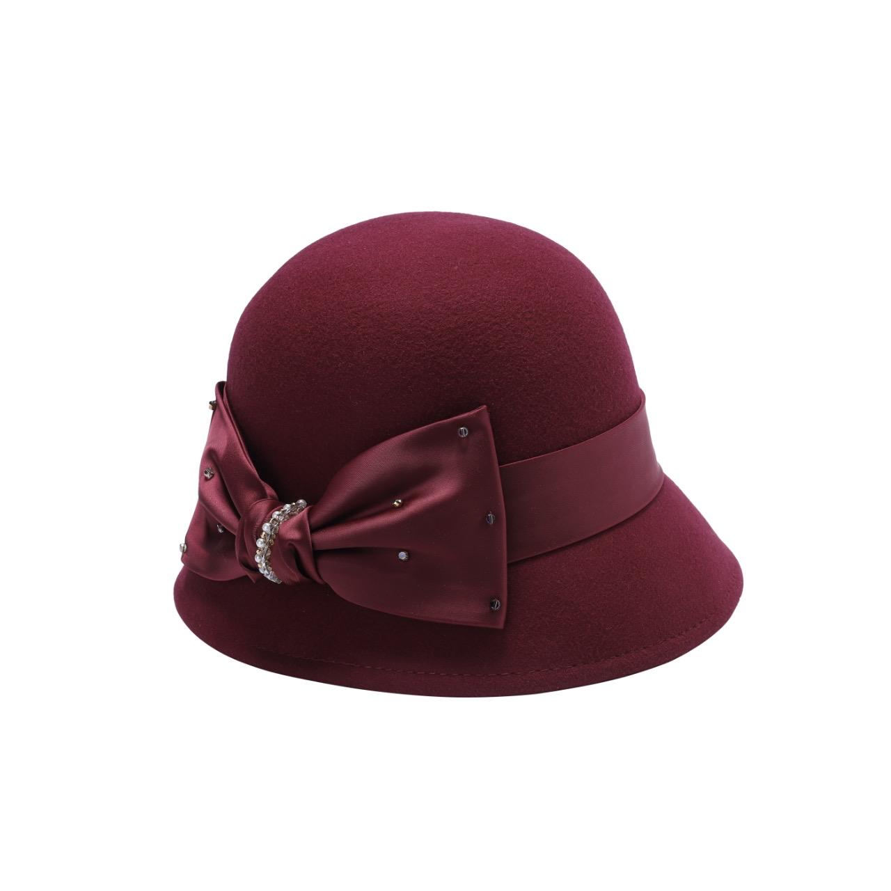 Ladies Wool Cloche Hat with Satin Bow & Rhinestone Accent