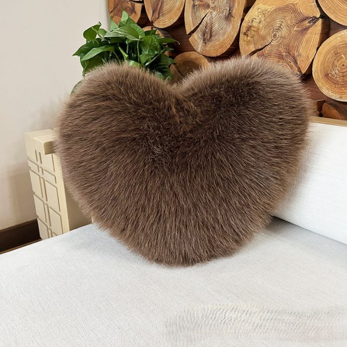 Large Soft Faux Fox Fur Heart-Shaped Decorative Pillow