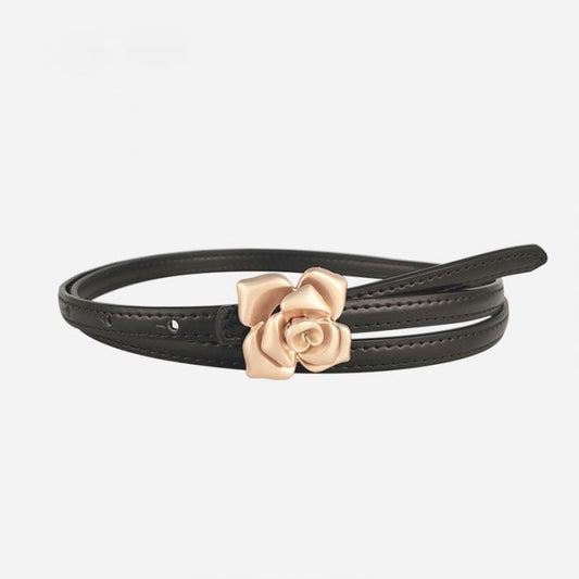 Gold Floral Buckle Skinny Faux Leather Belt – Elegant Women’s Waist Belt