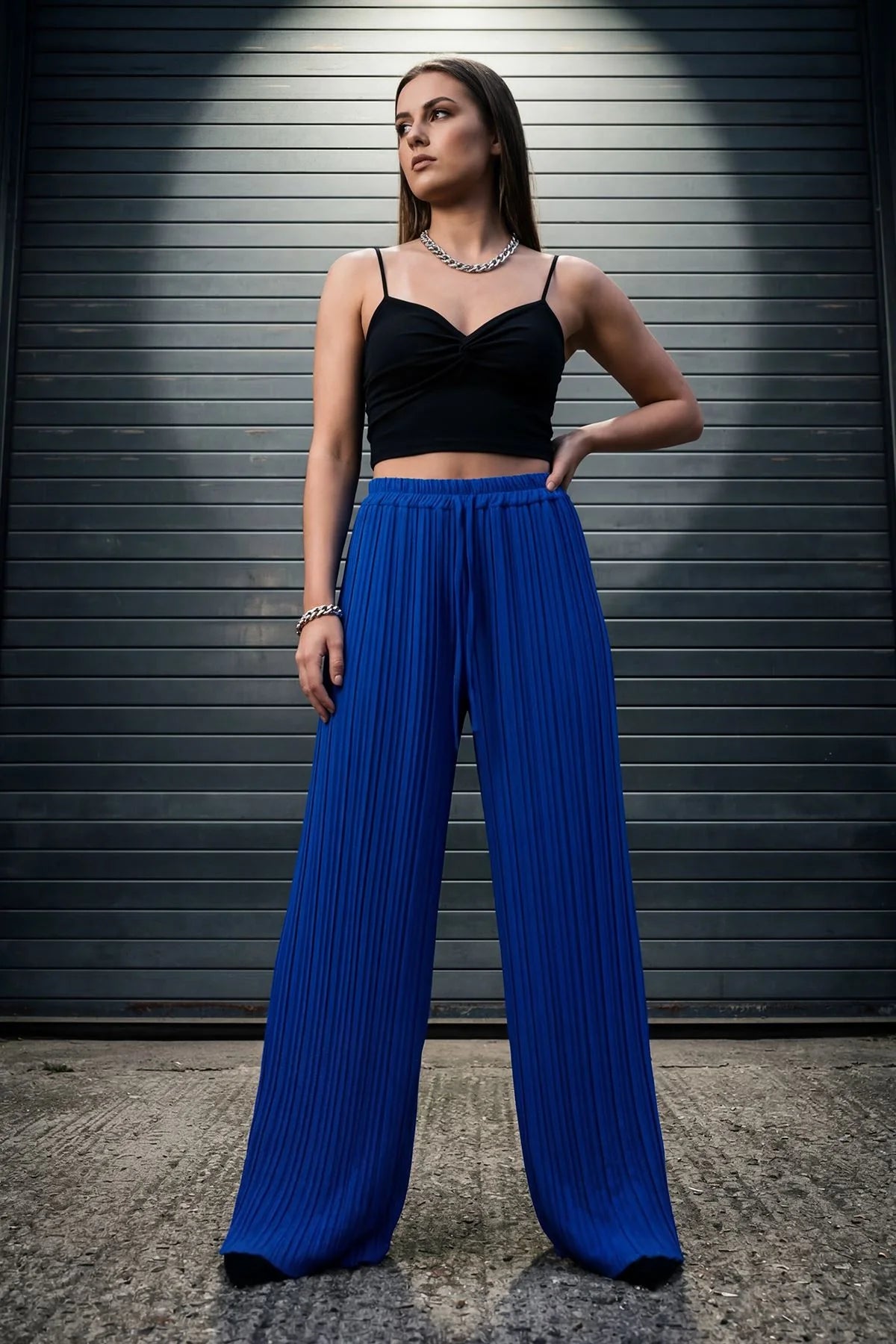 Plain Pleated Wide Leg Trousers with Elasticated Waistband