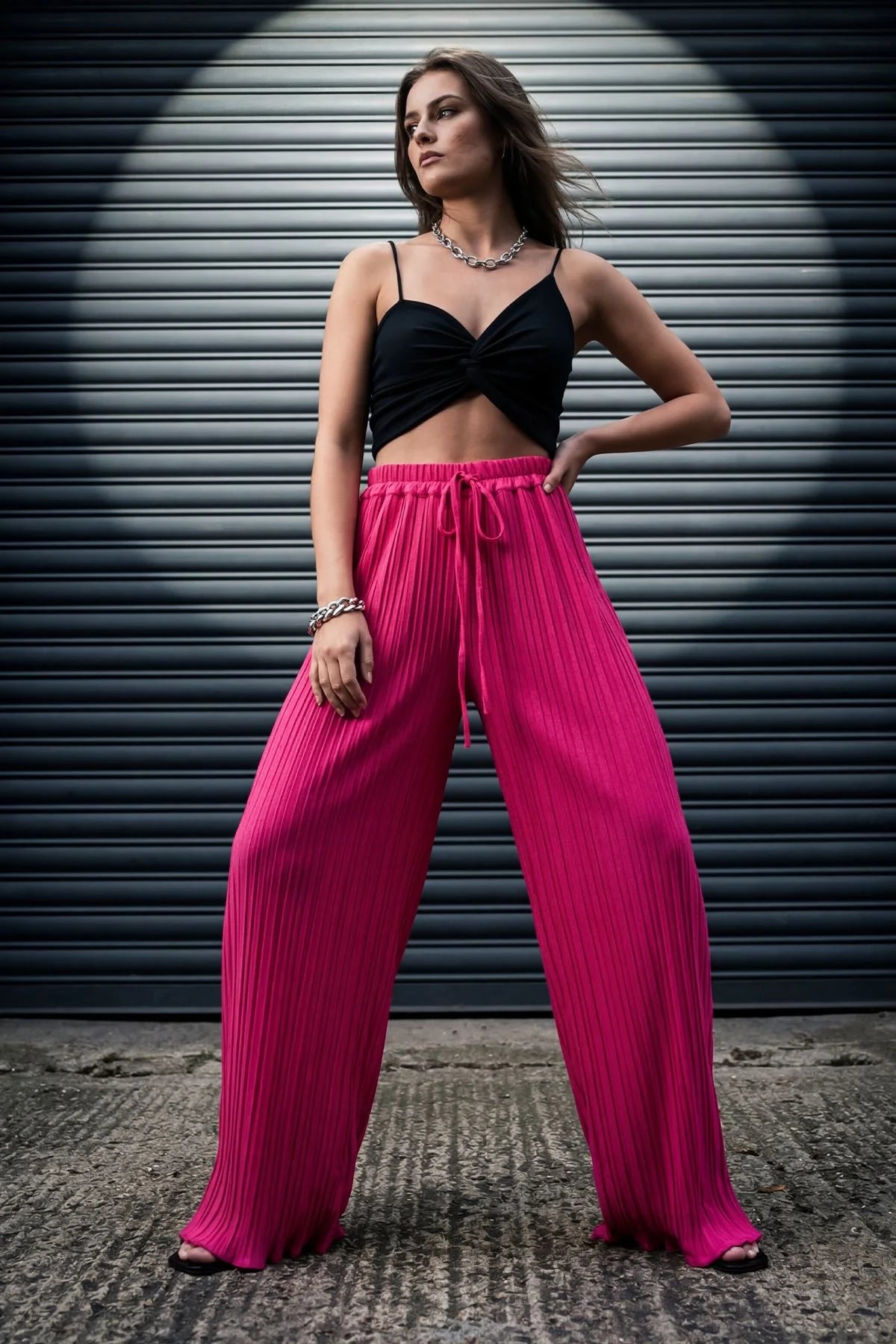 Plain Pleated Wide Leg Trousers with Elasticated Waistband