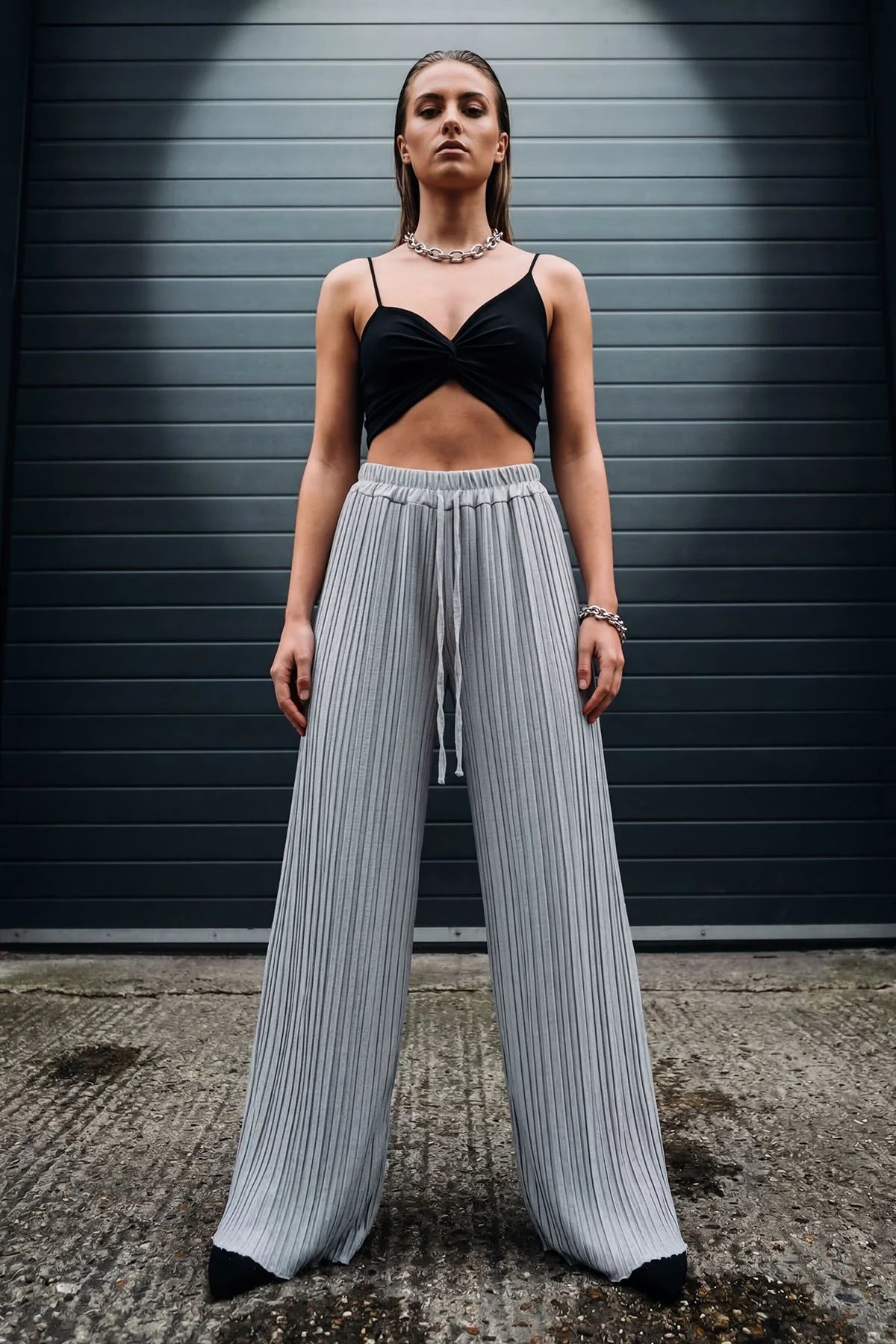Plain Pleated Wide Leg Trousers with Elasticated Waistband