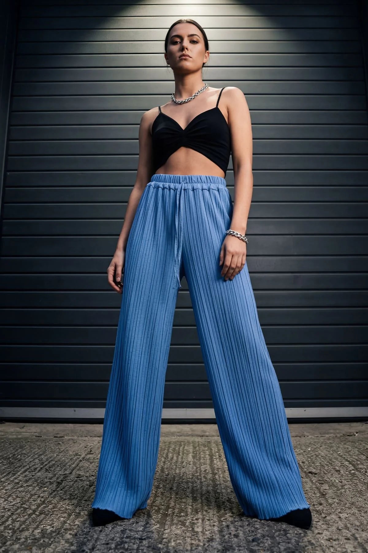 Plain Pleated Wide Leg Trousers with Elasticated Waistband