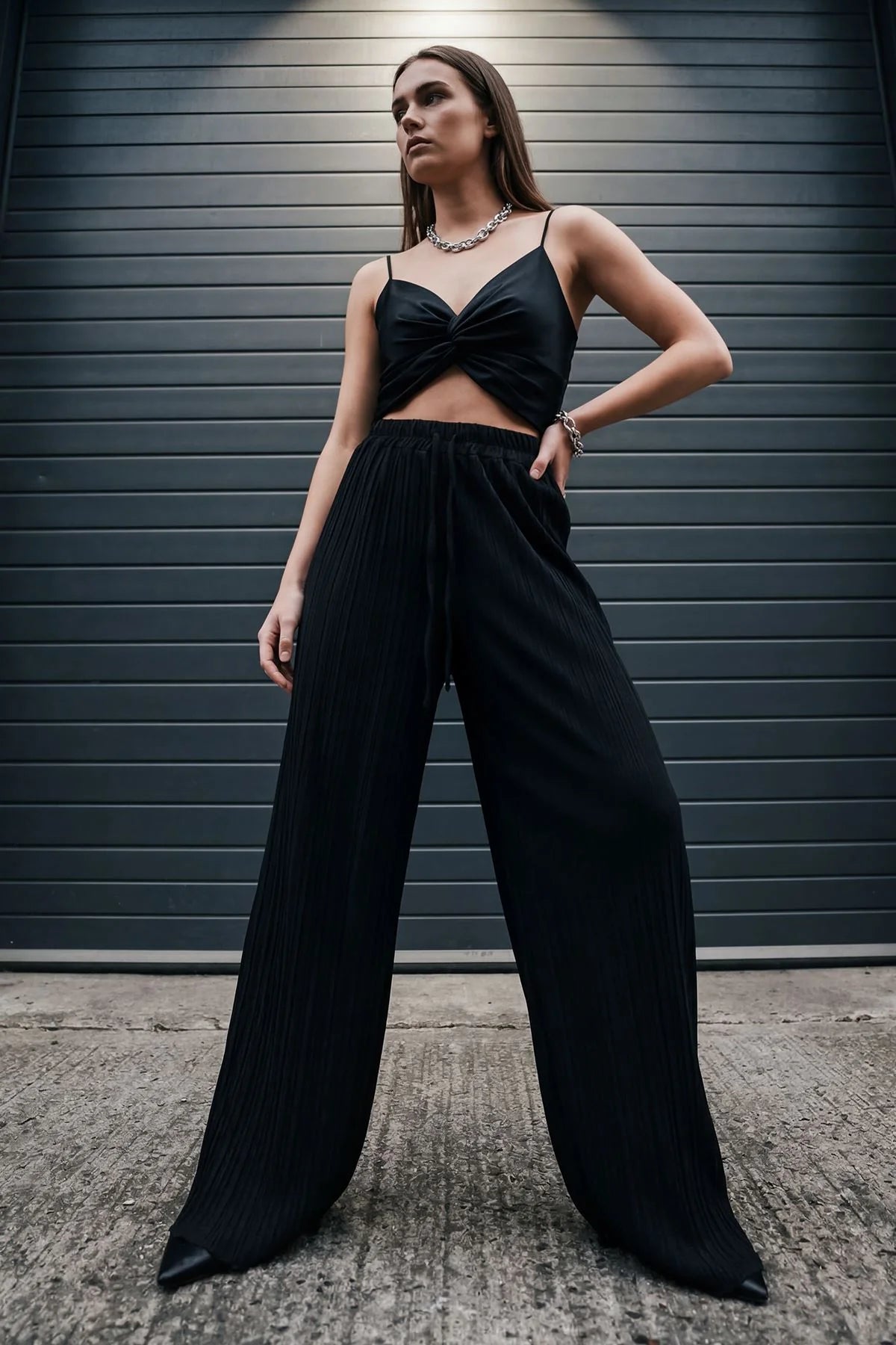 Plain Pleated Wide Leg Trousers with Elasticated Waistband