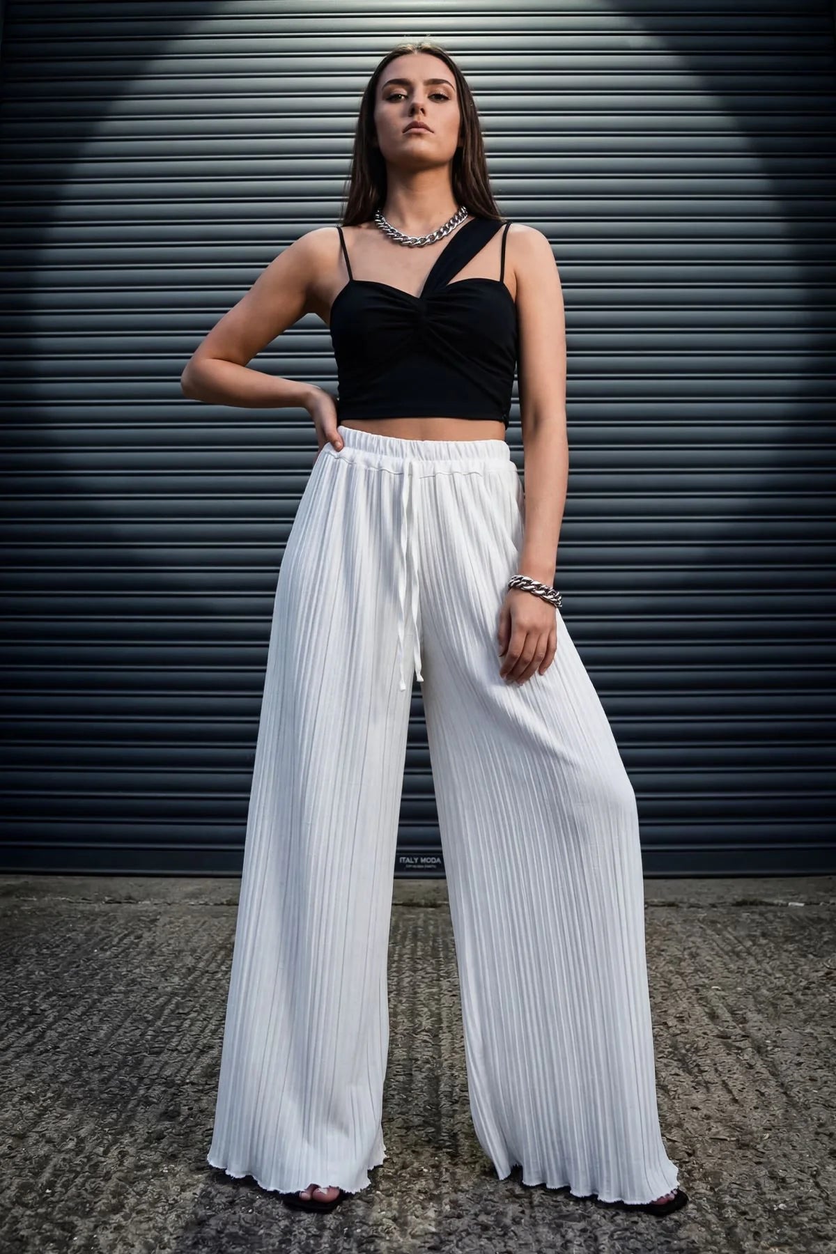 Plain Pleated Wide Leg Trousers with Elasticated Waistband