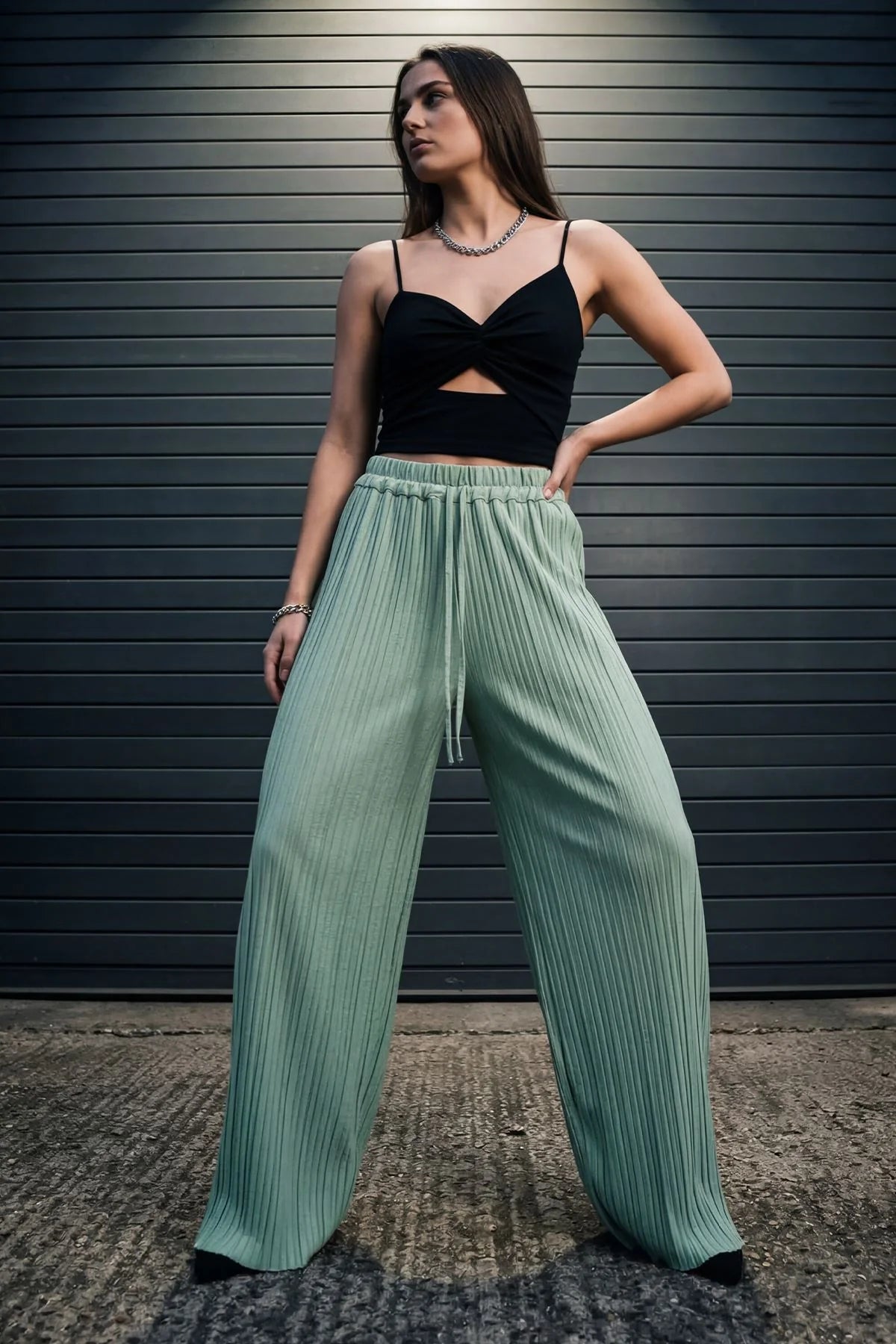 Plain Pleated Wide Leg Trousers with Elasticated Waistband