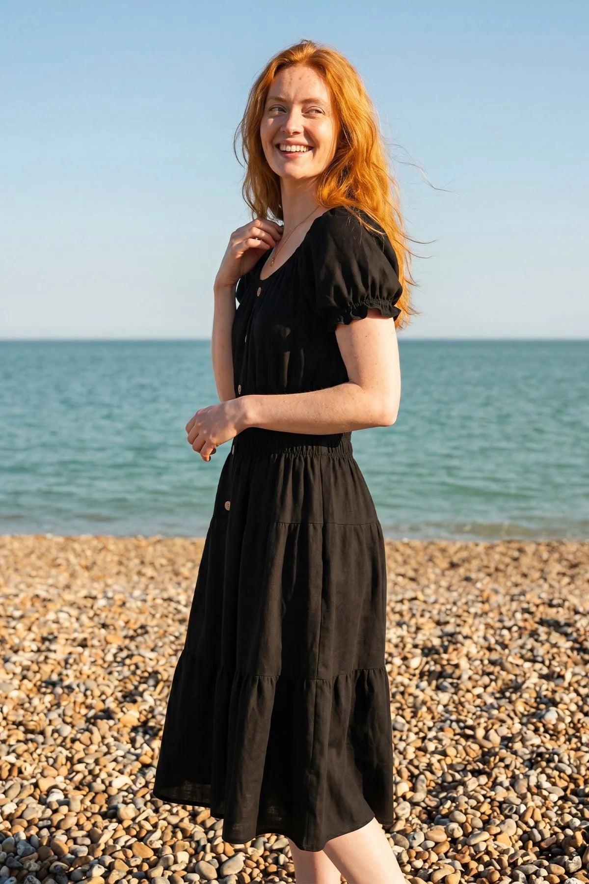 Plain Shirred Waist Tiered Dress