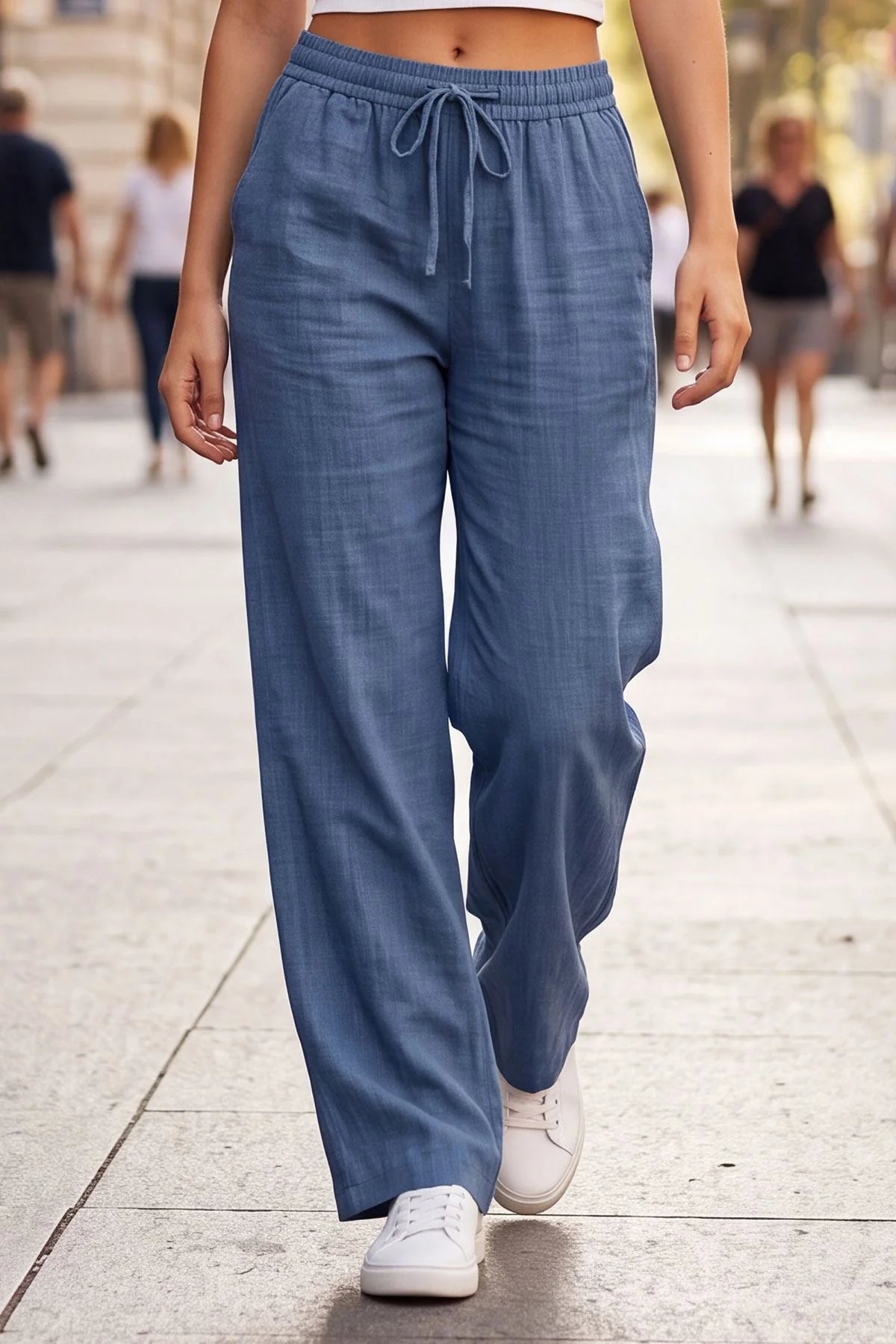 Plain Drawstring Cotton Trousers