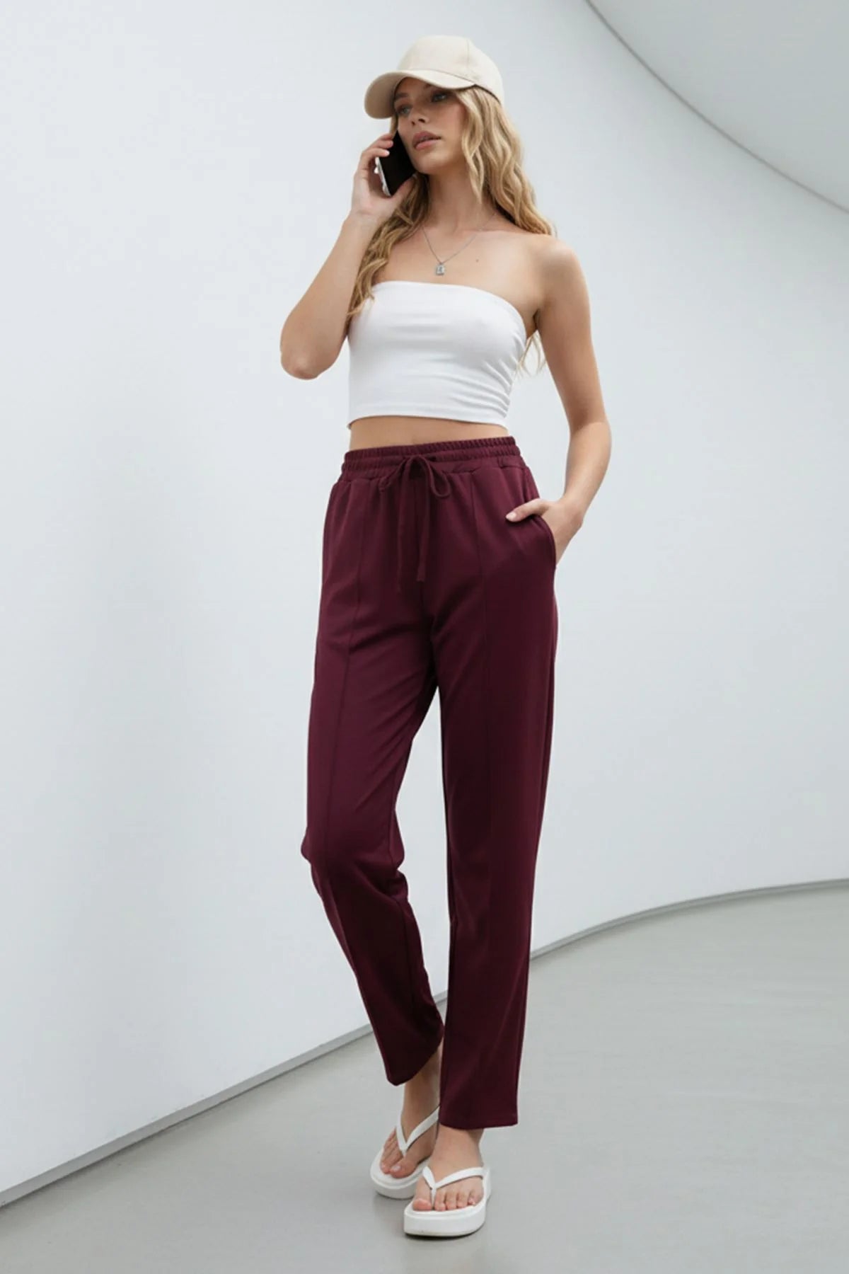 Plain Elastic Waist Trousers with Drawstring and Side Pockets