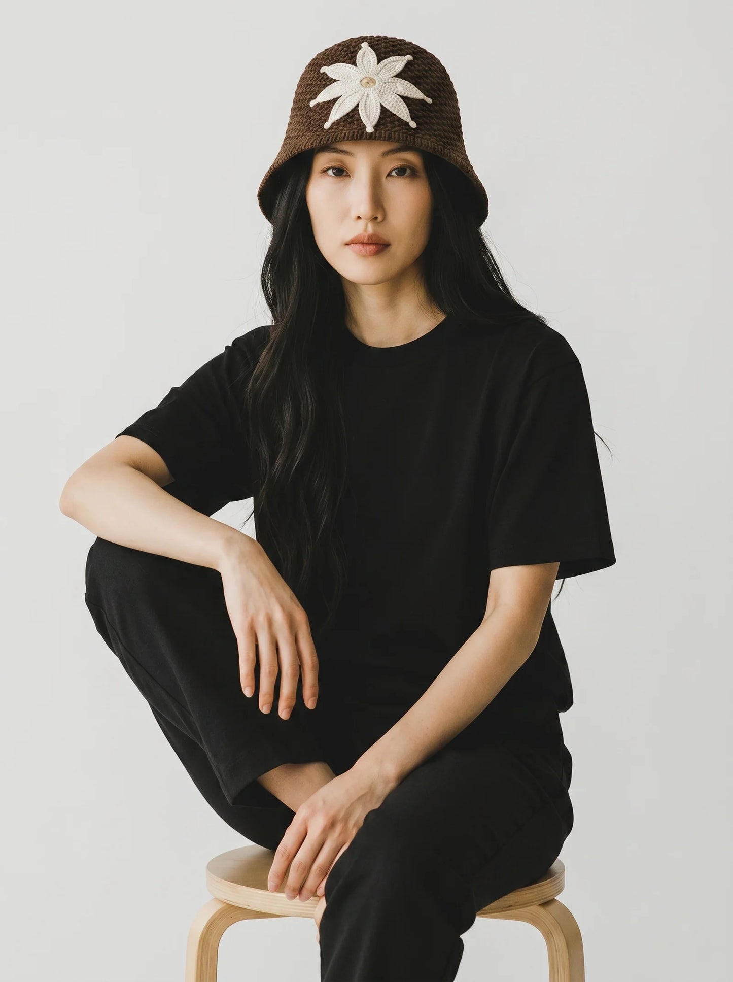 Hand-Crocheted Cotton Bucket Hat with Floral Appliqué