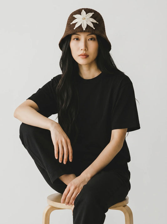 Hand-Crocheted Cotton Bucket Hat with Floral Appliqué