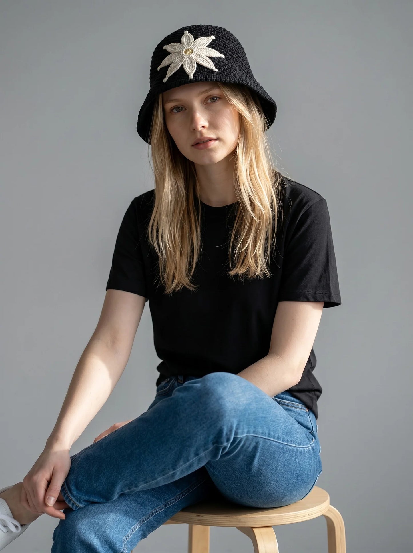 Hand-Crocheted Cotton Bucket Hat with Floral Appliqué