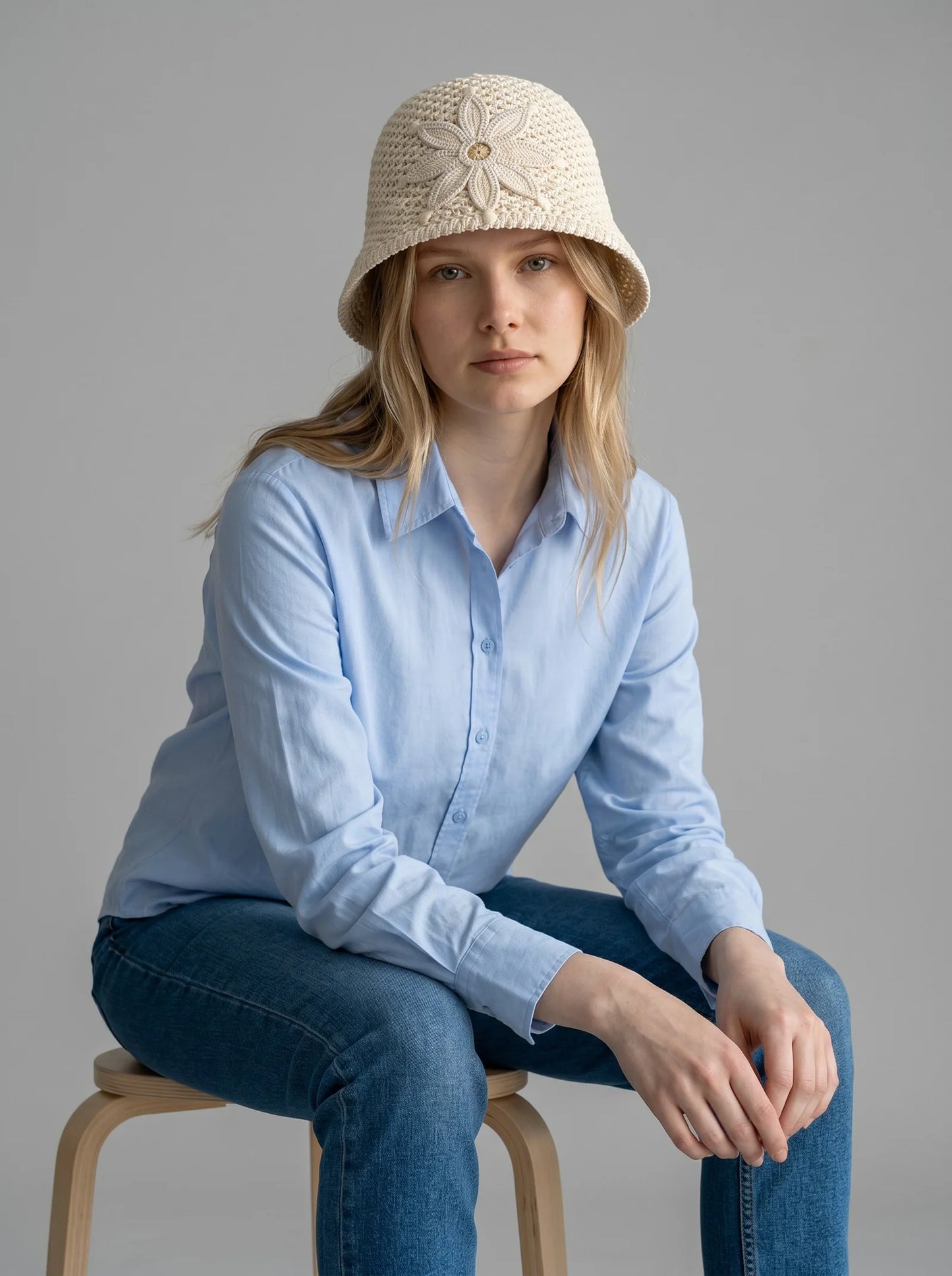 Hand-Crocheted Cotton Bucket Hat with Floral Appliqué