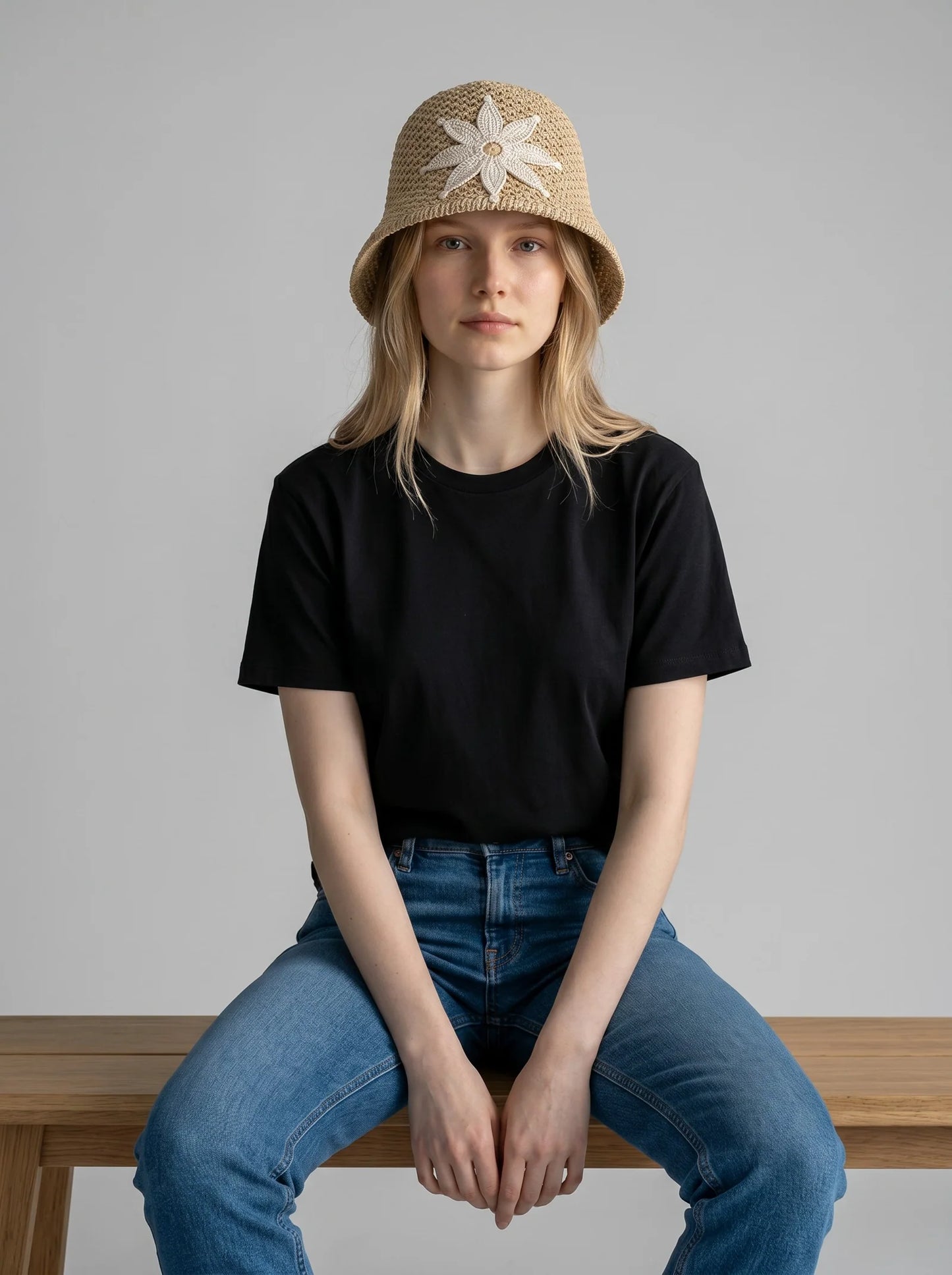 Hand-Crocheted Cotton Bucket Hat with Floral Appliqué