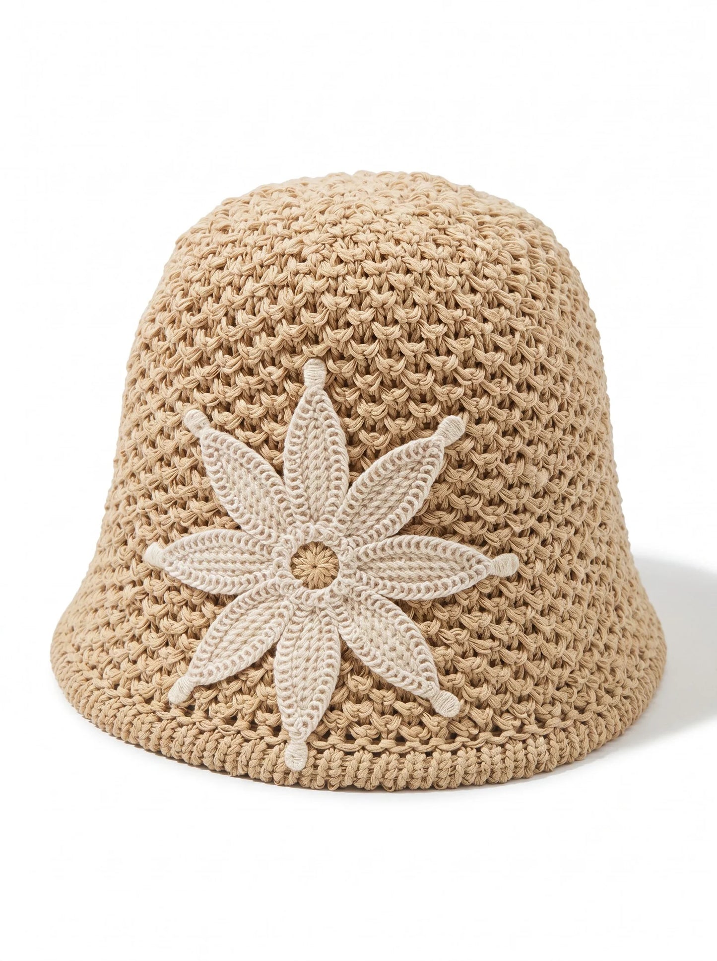 Hand-Crocheted Cotton Bucket Hat with Floral Appliqué