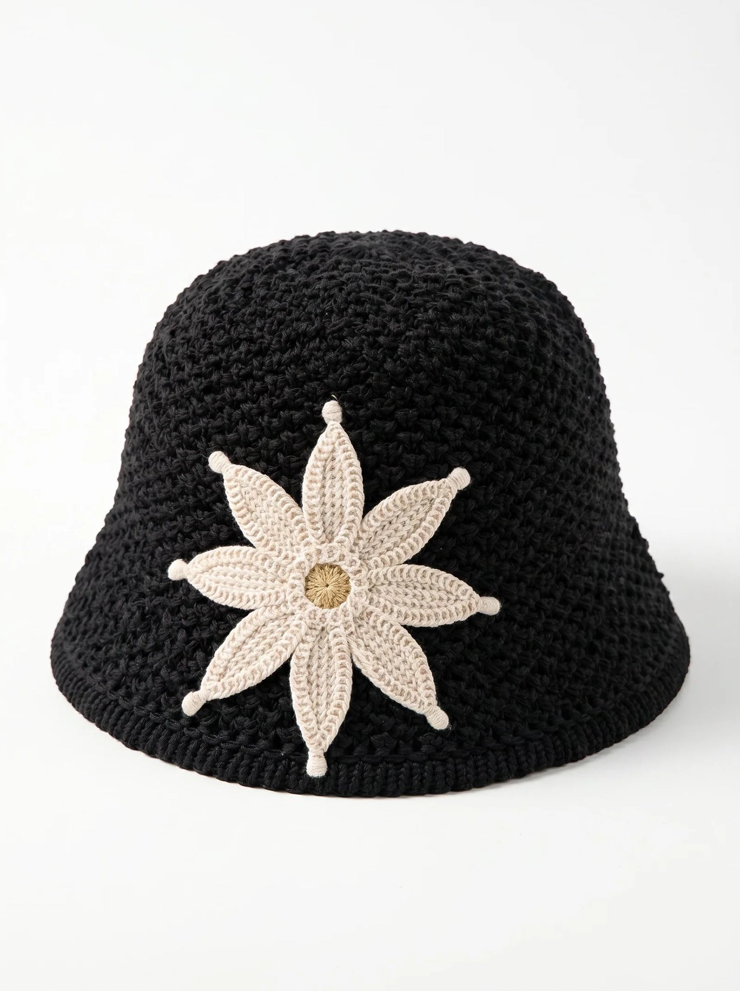 Hand-Crocheted Cotton Bucket Hat with Floral Appliqué