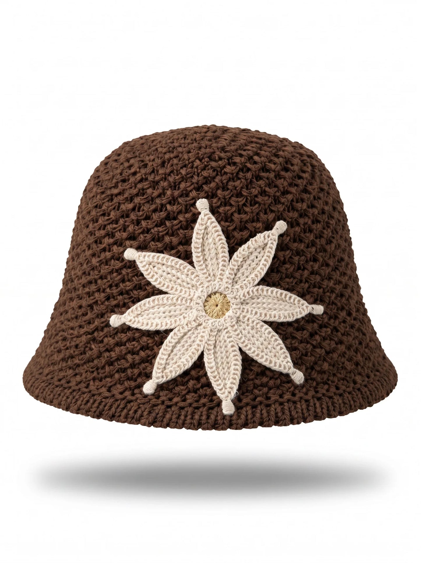 Hand-Crocheted Cotton Bucket Hat with Floral Appliqué