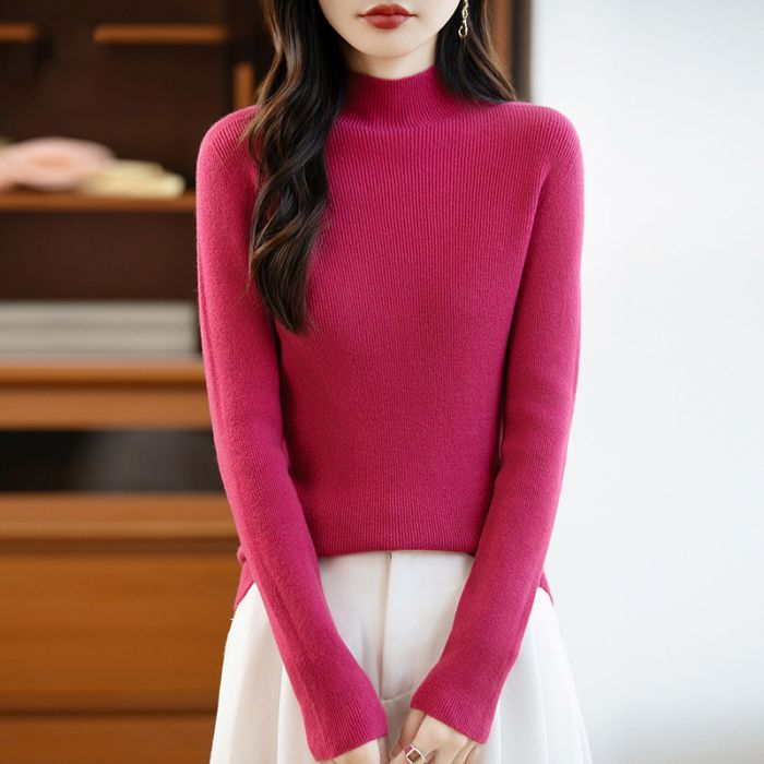 Soft Knit Mock Neck Plain Ribbed Sweater