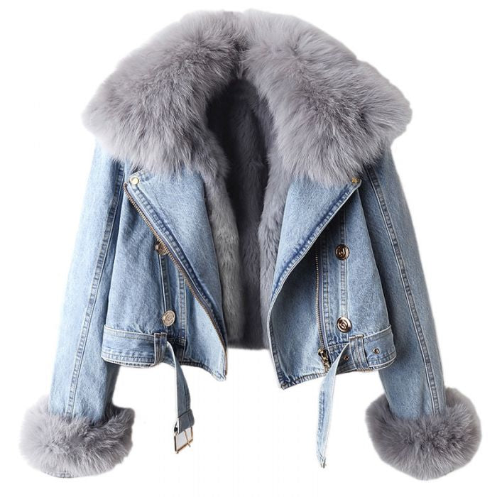 Detachable Faux Fur Denim Jacket with Collar and Cuffs