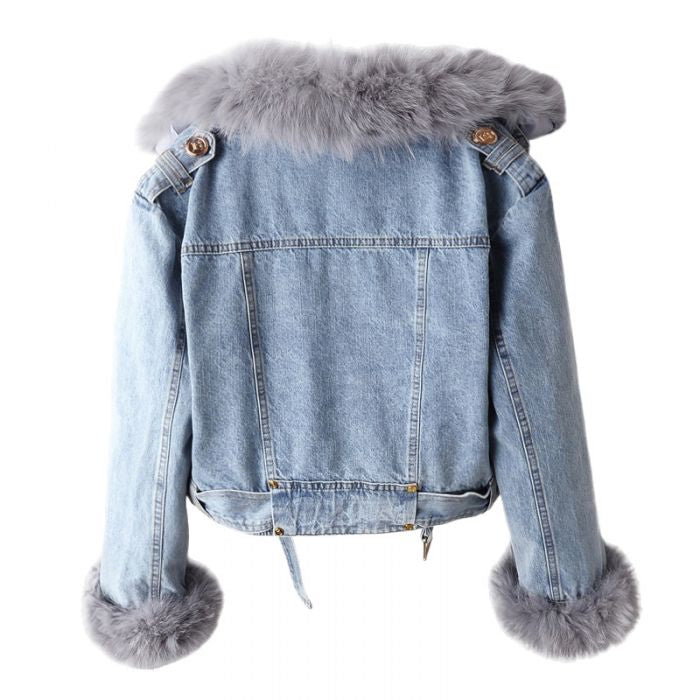 Detachable Faux Fur Denim Jacket with Collar and Cuffs