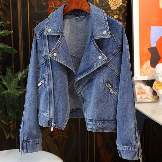 Asymmetric Blue Denim Jacket with Zip Details