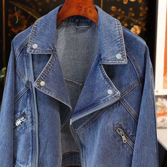 Asymmetric Blue Denim Jacket with Zip Details