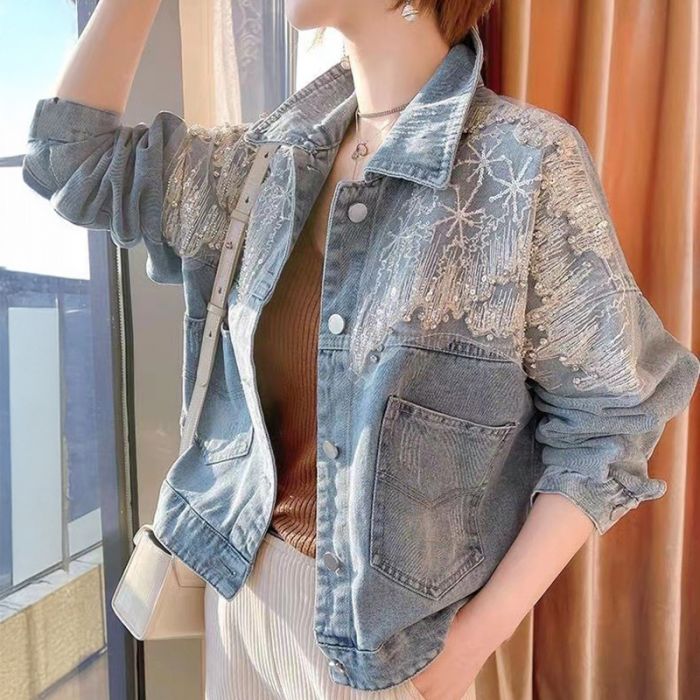 Sparkle Sequin Fringe Mesh Patchwork Denim Jacket