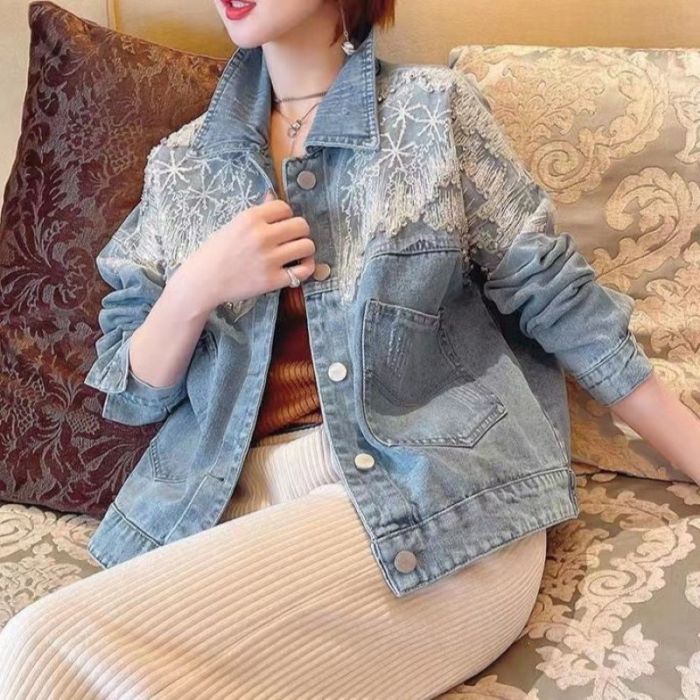 Sparkle Sequin Fringe Mesh Patchwork Denim Jacket