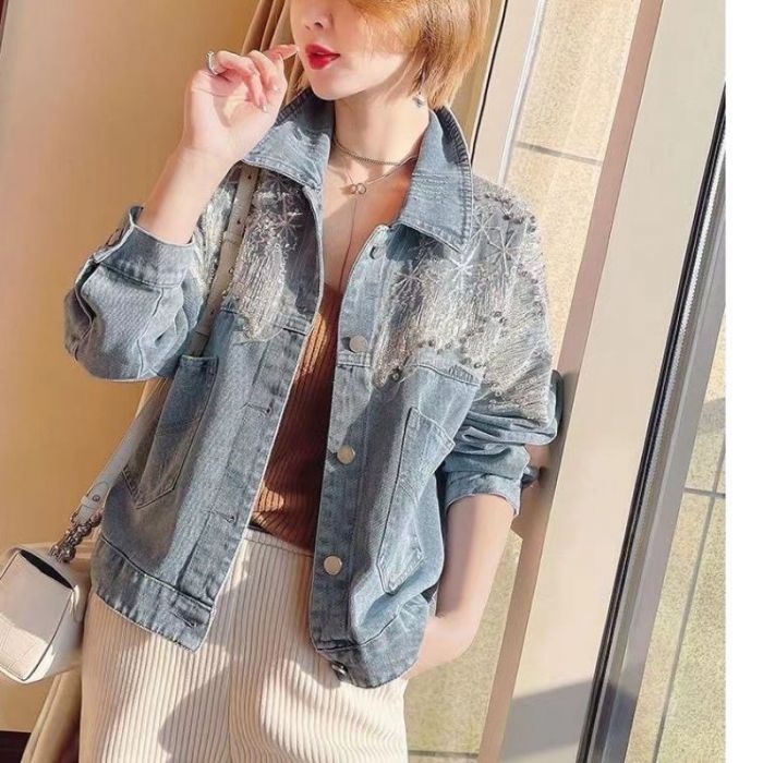 Sparkle Sequin Fringe Mesh Patchwork Denim Jacket