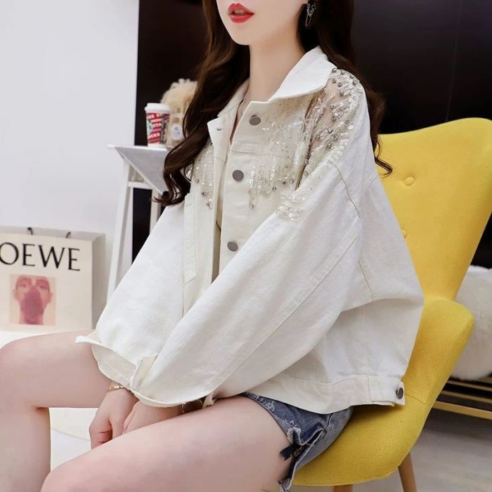 Sparkle Sequin Fringe Mesh Patchwork Denim Jacket