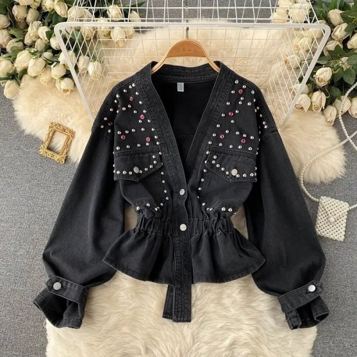 Studded V-Neck Denim Jacket with Elastic Cinch Waist