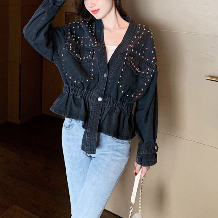 Studded V-Neck Denim Jacket with Elastic Cinch Waist
